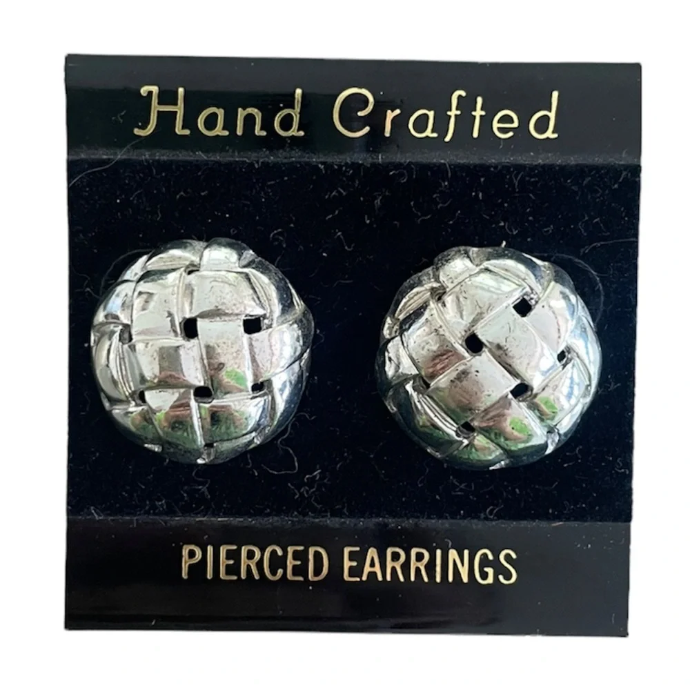 Silver Round Statement Earrings Basketweave Detail - Picture 1 of 5